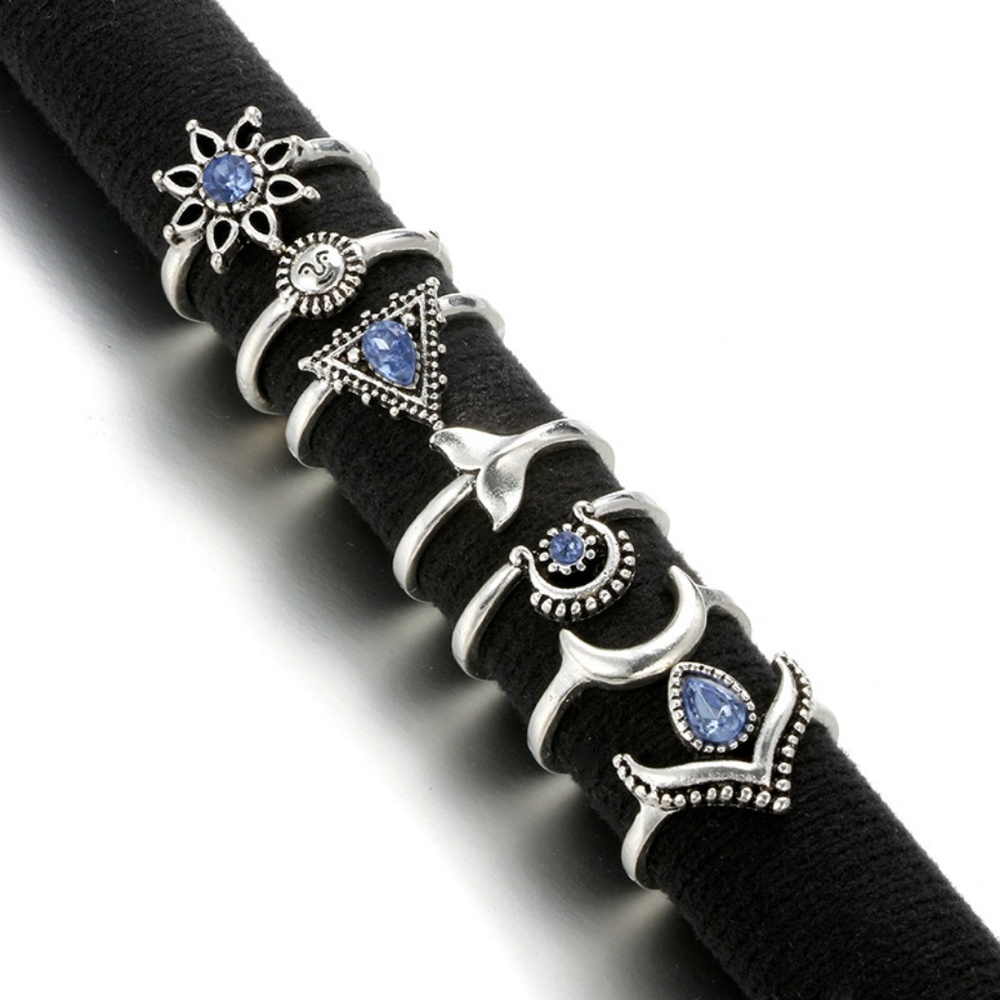 New! 7 Piece Boho Silver Ring Set W/ Blue gems - Picture 2 of 4